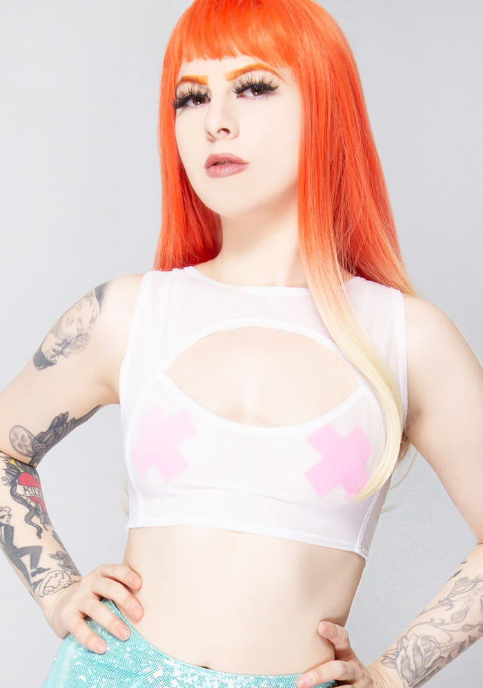 J Valentine Pure Dreams Mesh Keyhole Crop Top in white with sheer mesh design and front keyhole detail on festival top — front view