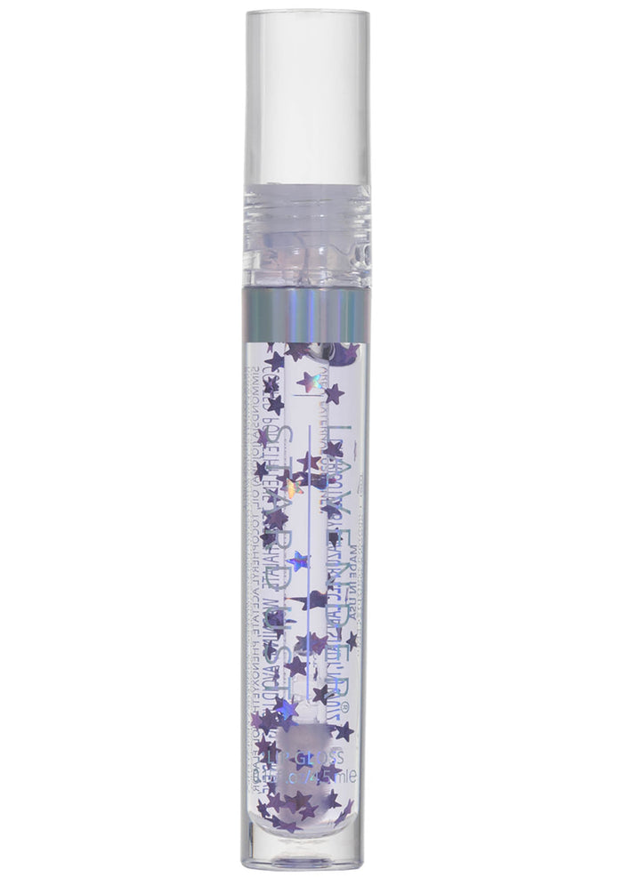 Lavender Stardust Purple Rain Cosmic Lip Gloss in purple with star flakes and doe foot applicator on rave makeup lip gloss — front view