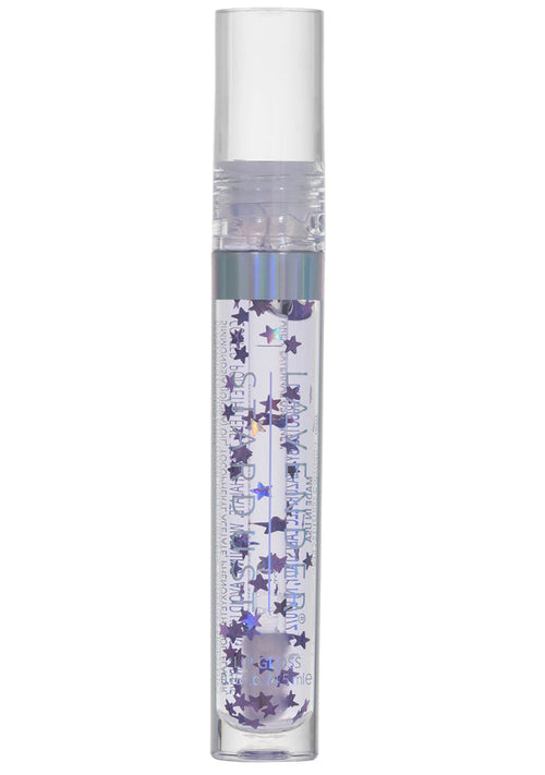 Lavender Stardust Purple Rain Cosmic Lip Gloss in purple with star flakes and doe foot applicator on rave makeup lip gloss — front view