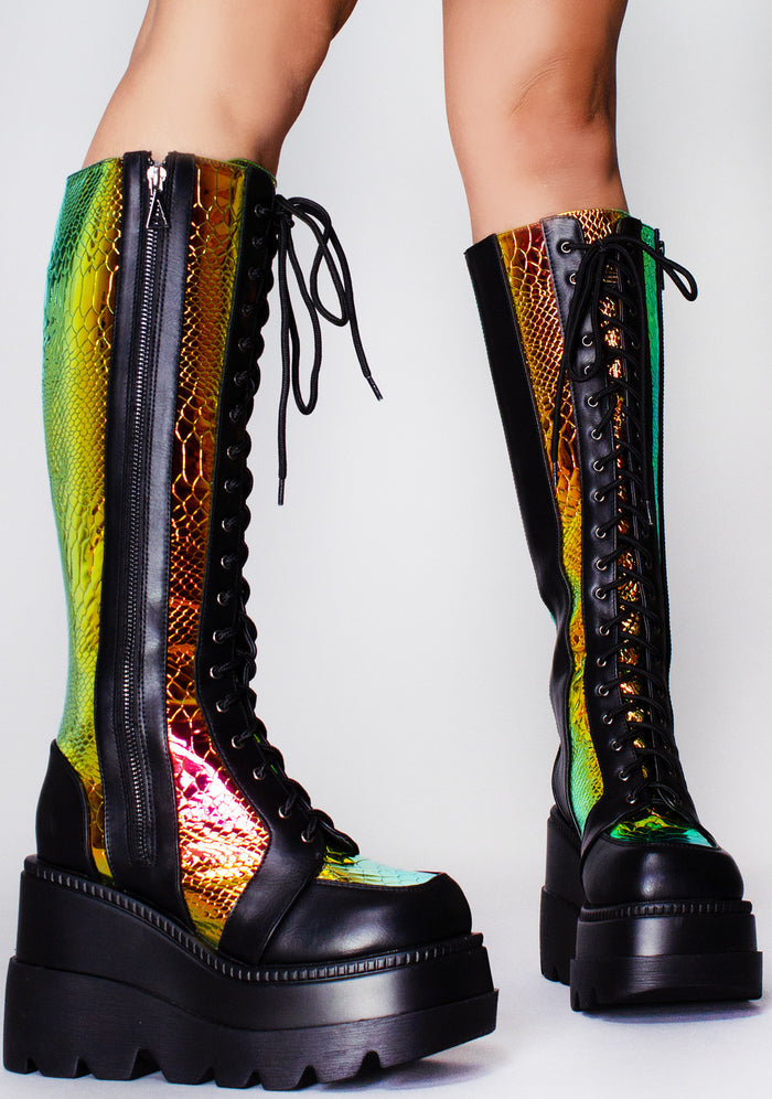 LASR Radioactive Hi Black Platform Boots — front view