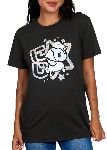 tokidoki Rainbow Uni Unisex Tee in vintage black with hologram Niji Unicorno graphic on front on cotton kawaii rave tee — front view