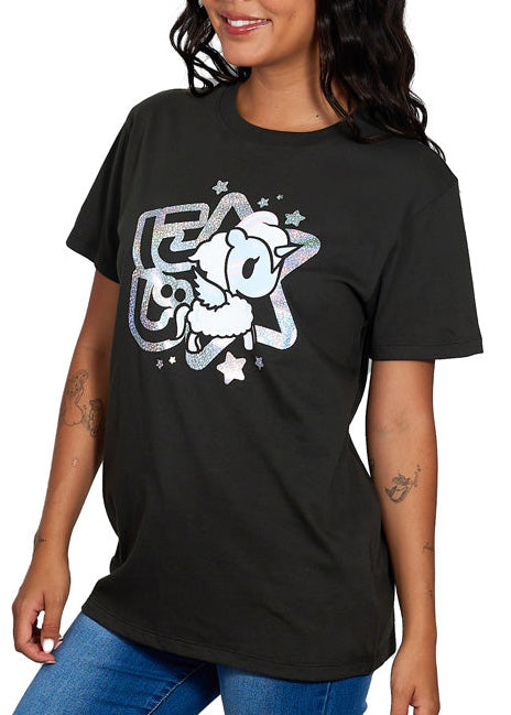 tokidoki Rainbow Uni Unisex Tee in vintage black with hologram Niji Unicorno graphic on front on cotton kawaii rave tee — side view