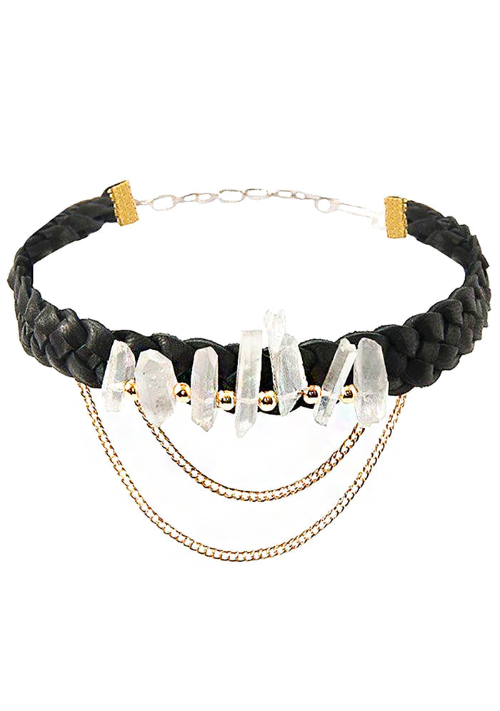 Ettika Rich Traditions Crystal Choker in black with braided leather band and crystal shard details on festival necklace — front view