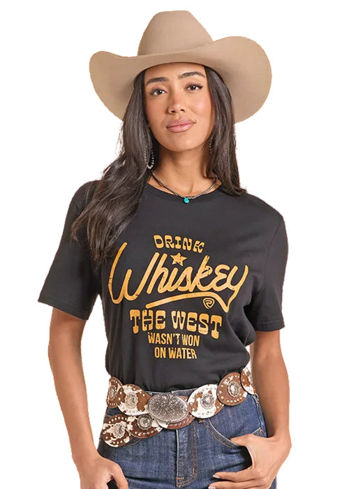 Rock & Roll Cowboy Black 'Drink Whiskey Short Sleeve Tee Shirt BU21T09852