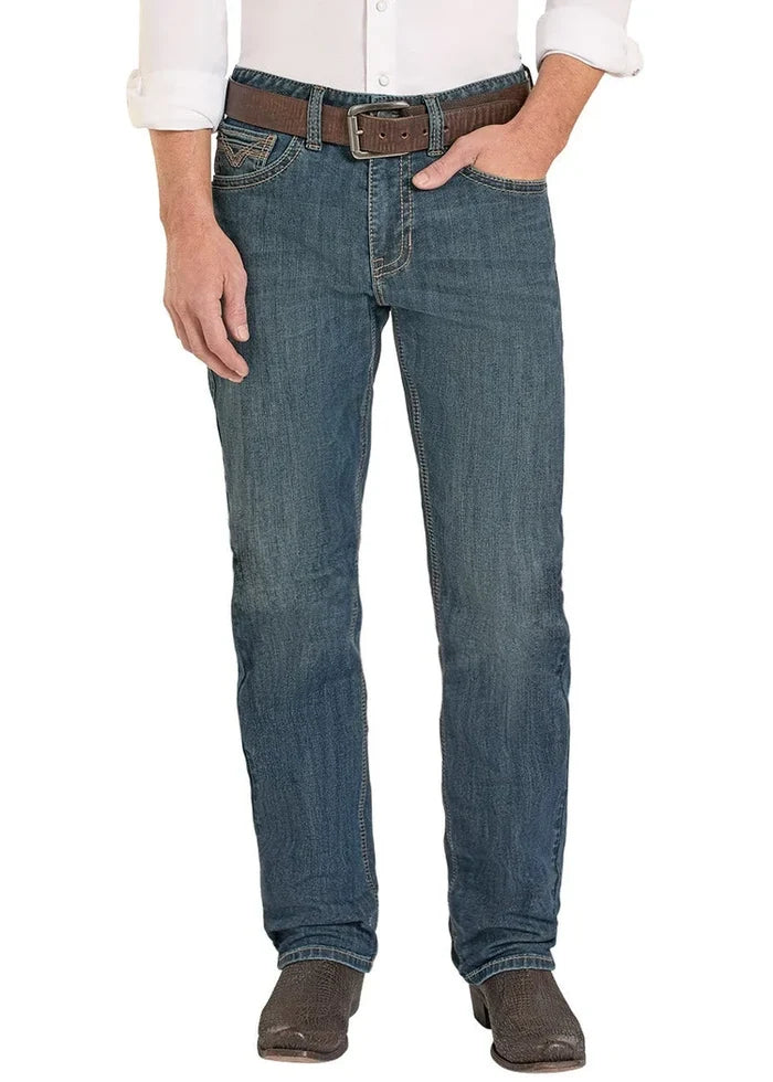 Rock & Roll Cowboy Men's Dark Wash High-Rise Relaxed Fit Alpha Tapered Bootcut Jeans BMHBD08571