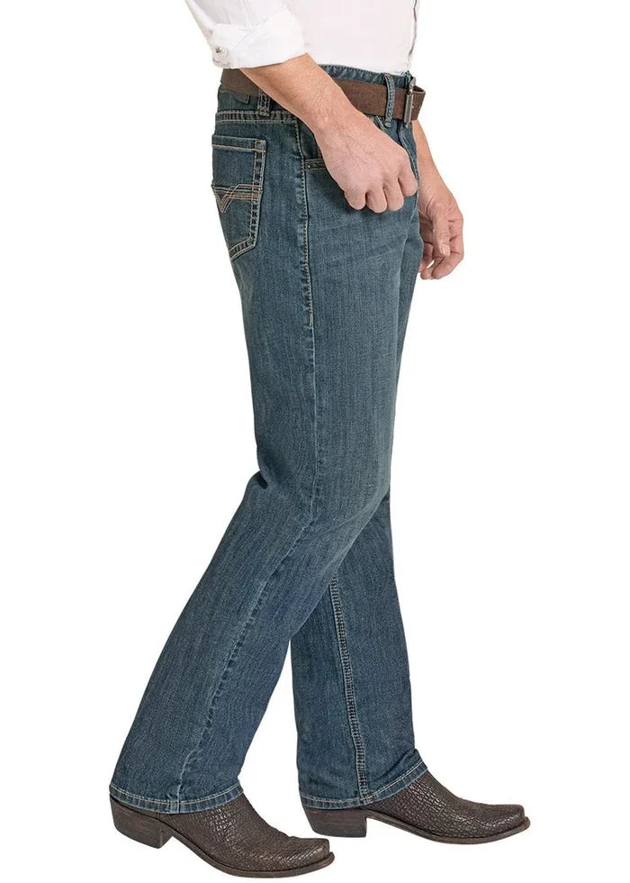 Rock & Roll Cowboy Men's Dark Wash High-Rise Relaxed Fit Alpha Tapered Bootcut Jeans BMHBD08571