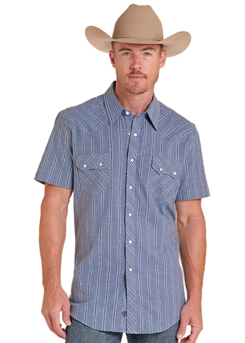 Rock & Roll Cowboy Men's Dobby Blue Yarn Dye Short Sleeve Snap BMN3S09434