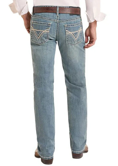 Rock & Roll Cowboy Men's Light Vintage V-Stitch Emblem Slim Fit Revolver Straight Jeans BM1RD09954