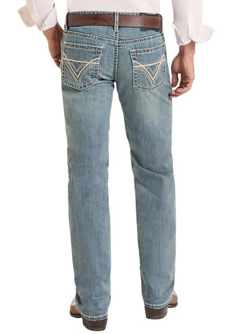 Rock & Roll Cowboy Men's Light Vintage V-Stitch Emblem Slim Fit Revolver Straight Jeans BM1RD09954