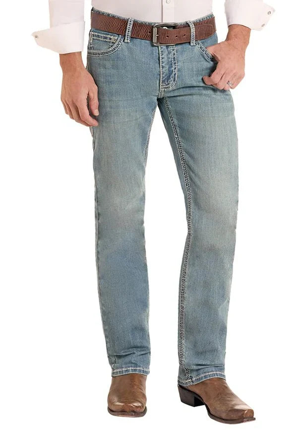 Rock & Roll Cowboy Men's Light Vintage V-Stitch Emblem Slim Fit Revolver Straight Jeans BM1RD09954