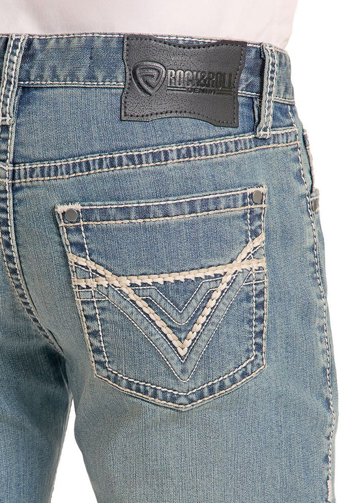Rock & Roll Cowboy Men's Light Vintage V-Stitch Emblem Slim Fit Revolver Straight Jeans BM1RD09954