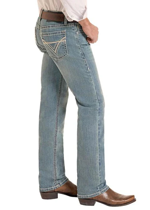 Rock & Roll Cowboy Men's Light Vintage V-Stitch Emblem Slim Fit Revolver Straight Jeans BM1RD09954