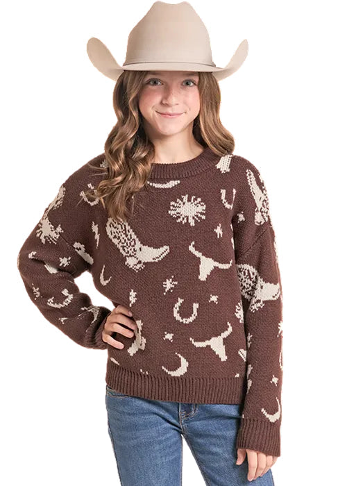 Rock & Roll Cowgirl Girl's Brown Western Print Crew Neck Sweater BG32T09414