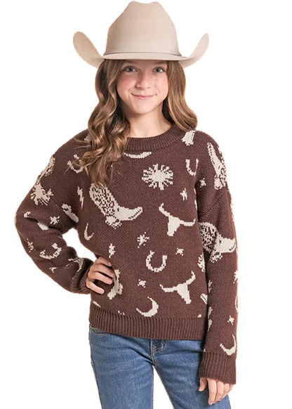 Rock & Roll Cowgirl Girl's Brown Western Print Crew Neck Sweater BG32T09414