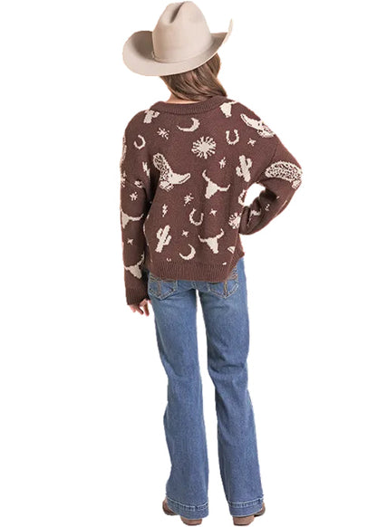 Rock & Roll Cowgirl Girl's Brown Western Print Crew Neck Sweater BG32T09414