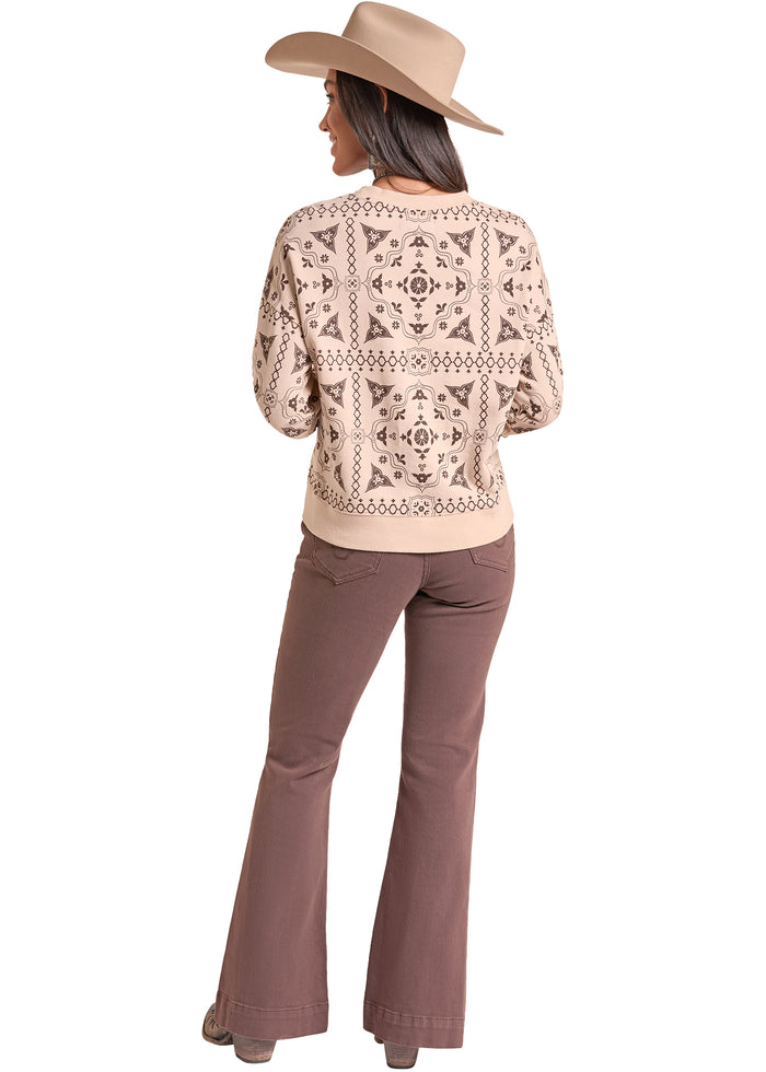 Rock & Roll Cowgirl Women's Tan Brown Bandana Print Crew Neck Long Sleeve BW91T09360