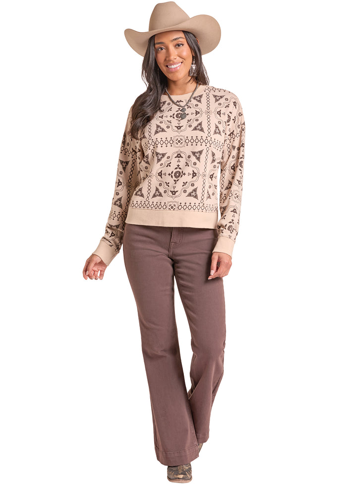 Rock & Roll Cowgirl Women's Tan Brown Bandana Print Crew Neck Long Sleeve BW91T09360