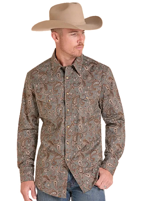 Rock & Roll Men's Brown Paisley Pearl Snap Long Sleeve Western Shirt BMN2S09651