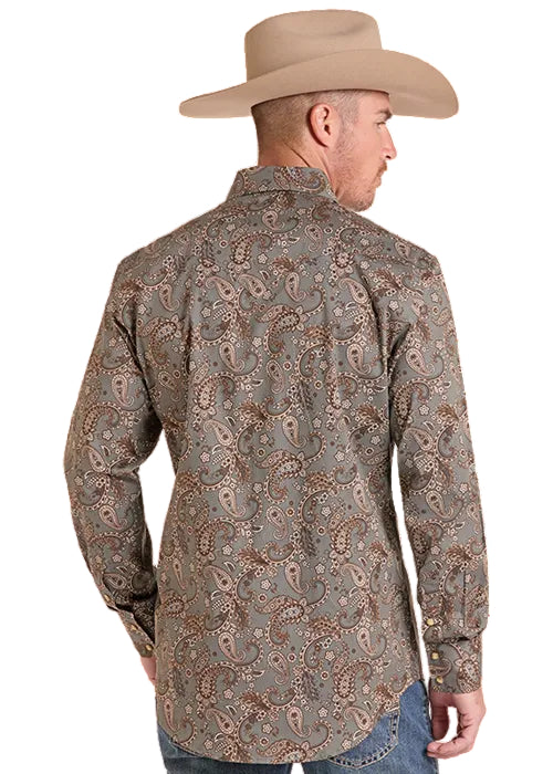 Rock & Roll Men's Brown Paisley Pearl Snap Long Sleeve Western Shirt BMN2S09651