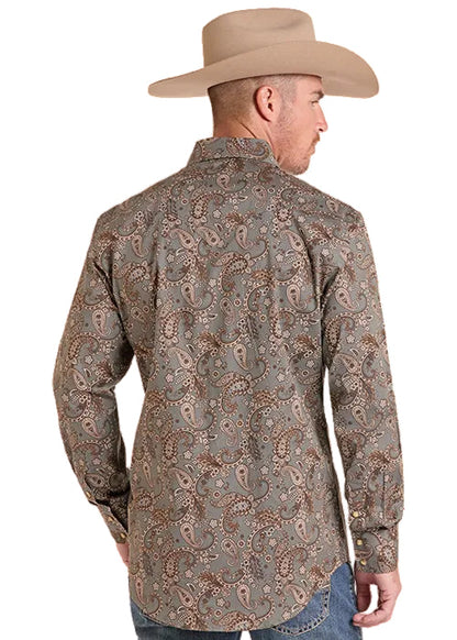 Rock & Roll Men's Brown Paisley Pearl Snap Long Sleeve Western Shirt BMN2S09651