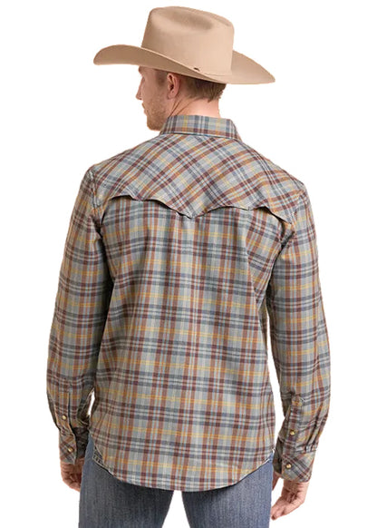 Rock & Roll Men's Brown Plaid Flannel Pearl Snap Long Sleeve Western Shirt BMN2S09471