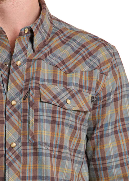 Rock & Roll Men's Brown Plaid Flannel Pearl Snap Long Sleeve Western Shirt BMN2S09471