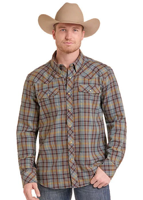 Rock & Roll Men's Brown Plaid Flannel Pearl Snap Long Sleeve Western Shirt BMN2S09471
