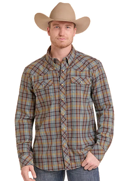 Rock & Roll Men's Brown Plaid Flannel Pearl Snap Long Sleeve Western Shirt BMN2S09471