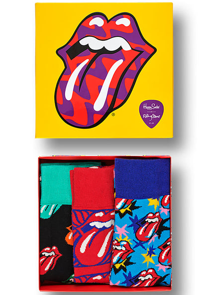 Happy Socks Rolling Stones Socks 3PK Box Set in red multicolor with lip tongue logo print on festival rave socks — packaging view