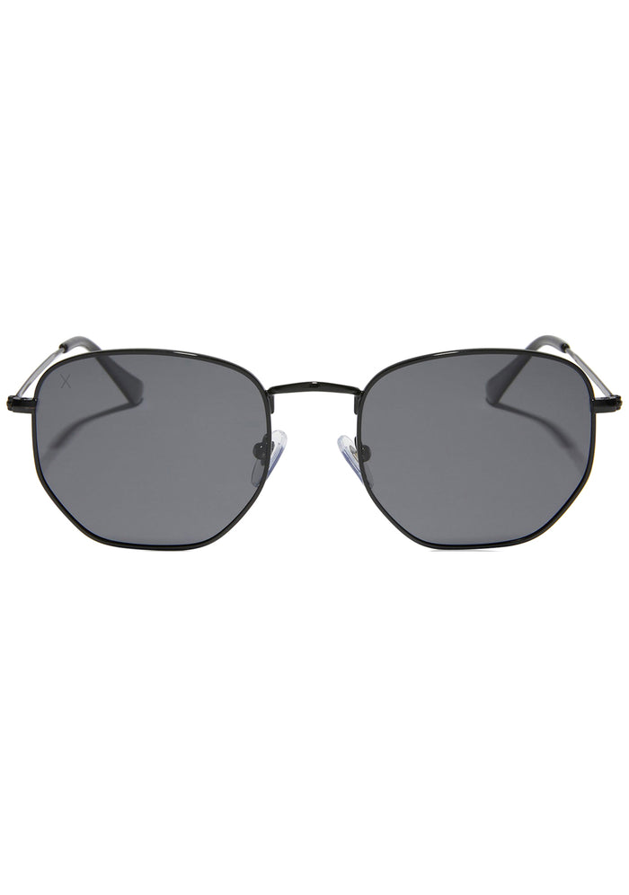 Dime Optics Roxbury Polarized Sunglasses in black grey with edgy square metal frame on rave festival sunglasses — front view