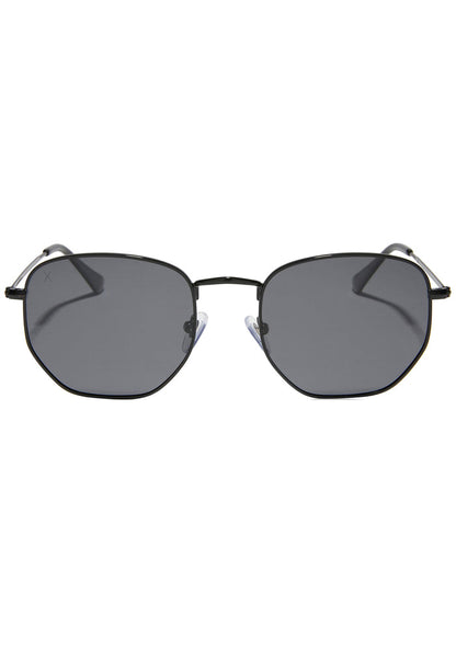 Dime Optics Roxbury Polarized Sunglasses in black grey with edgy square metal frame on rave festival sunglasses — front view