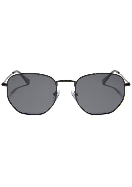 Dime Optics Roxbury Polarized Sunglasses in black grey with edgy square metal frame on rave festival sunglasses — front view