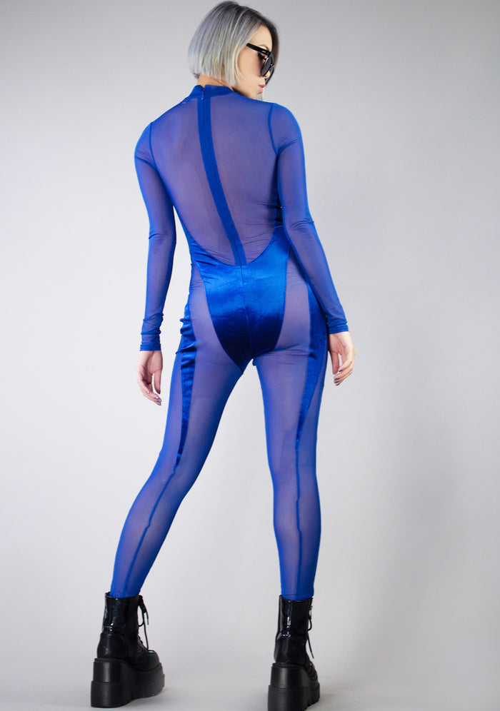 Hot & Delicious Royal Sapphire Catsuit in blue — model back view