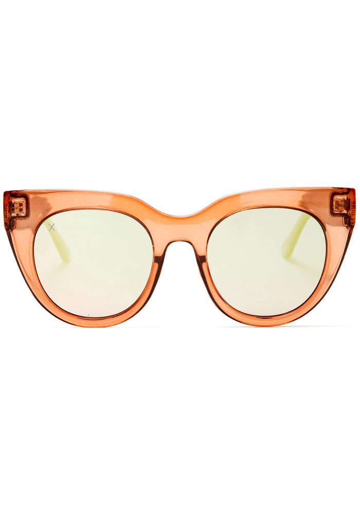 Dime Optics Rumors Sunglasses in taupe crystal beige mirror with rounded cat-eye frame on festival rave sunglasses — front view