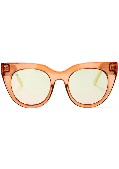 Dime Optics Rumors Sunglasses in taupe crystal beige mirror with rounded cat-eye frame on festival rave sunglasses — front view