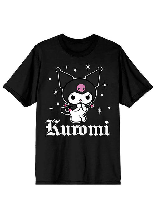 Bioworld Sanrio Bad Gal Kuromi Tee in black with Kuromi rebellious smile front graphic on kawaii fandom rave festival top — front view