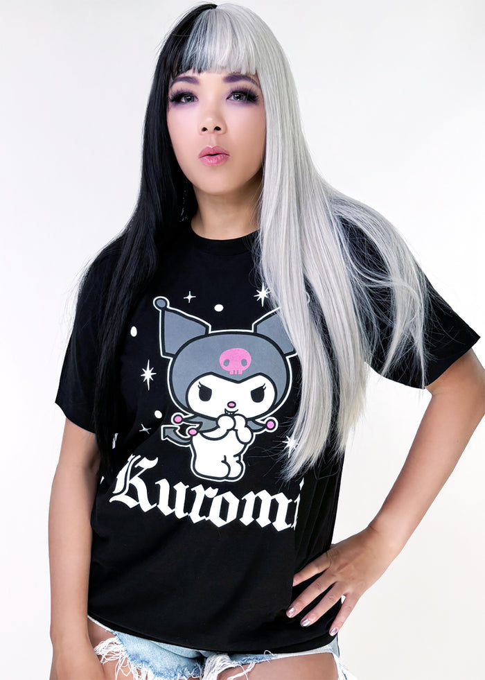 Bioworld Sanrio Bad Gal Kuromi Tee in black with Kuromi rebellious smile front graphic on kawaii fandom rave festival top — model view