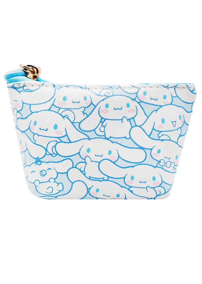 Sanrio Cinnamoroll AOP Mini Coin Pouch in white with all-over Cinnamoroll print on compact zip pouch — front view