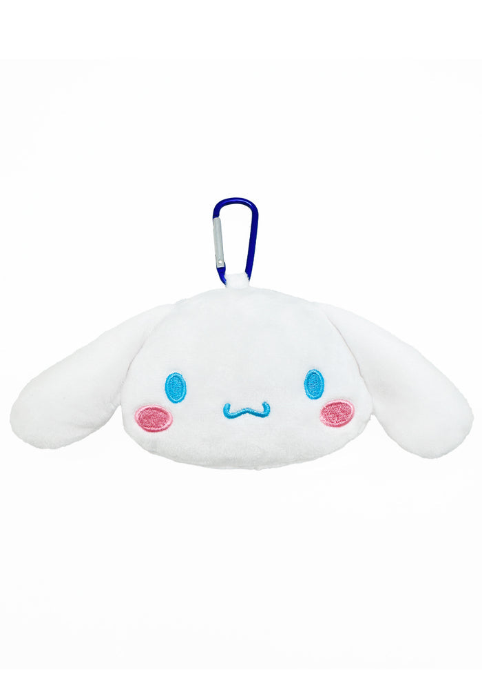 Sanrio Cinnamoroll Big Face Plush Mascot Carabiner in white with soft Cinnamoroll face plush and functional carabiner clip — front view