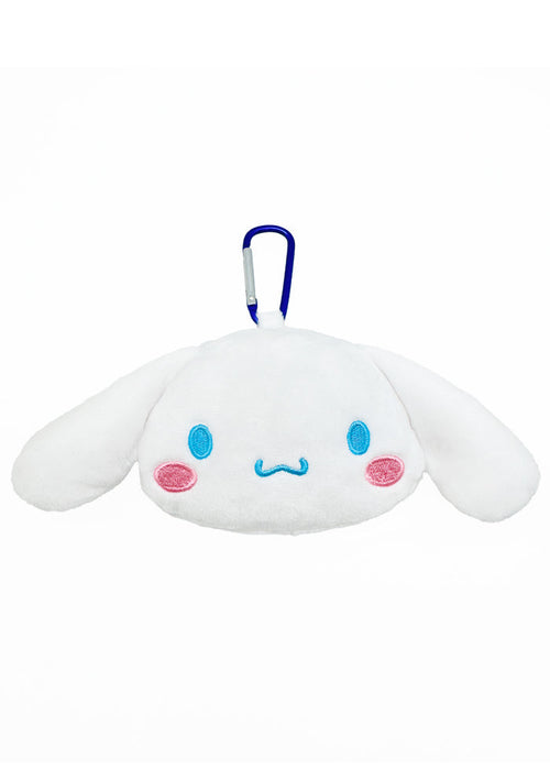 Sanrio Cinnamoroll Big Face Plush Mascot Carabiner in white with soft Cinnamoroll face plush and functional carabiner clip — front view