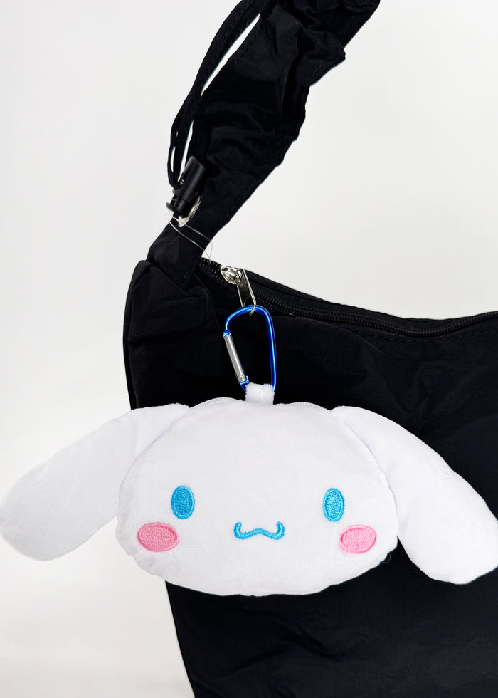 Sanrio Cinnamoroll Big Face Plush Mascot Carabiner in white with soft Cinnamoroll face plush and functional carabiner clip — detail view