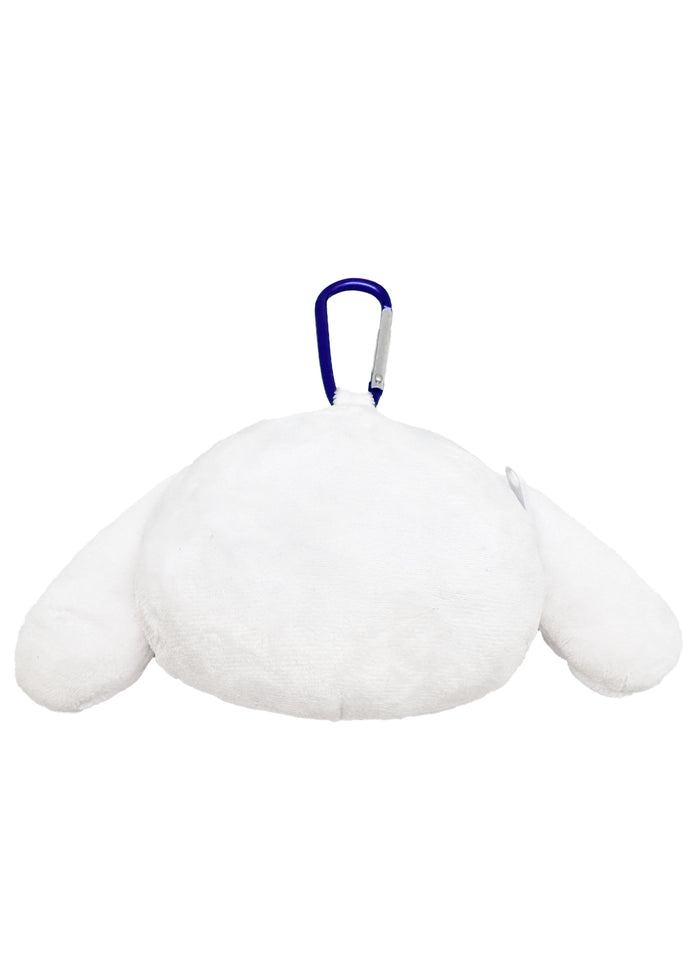 Sanrio Cinnamoroll Big Face Plush Mascot Carabiner in white with soft Cinnamoroll face plush and functional carabiner clip — side view