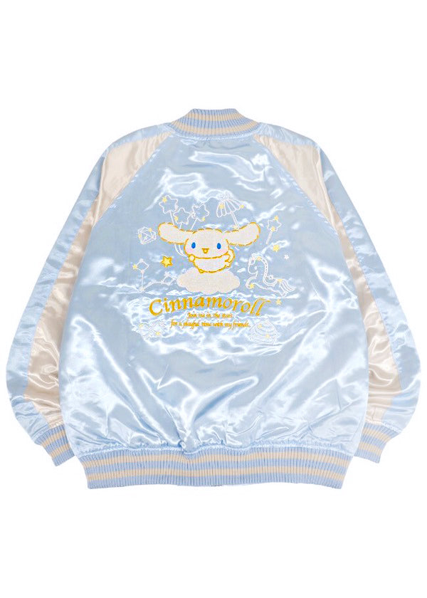Sanrio Cinnamoroll Celestial Bomber Jacket in black silver with celestial-themed Cinnamoroll embroidery on satin festival jacket — front view