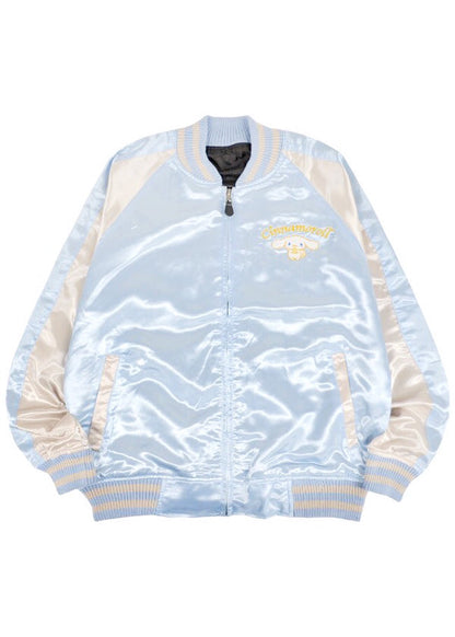 Sanrio Cinnamoroll Celestial Bomber Jacket in black silver with celestial-themed Cinnamoroll embroidery on satin festival jacket — back view