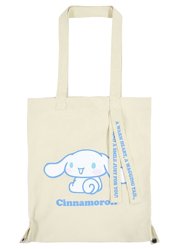 Sanrio Cinnamoroll Convertible Canvas Tote in multicolor with Cinnamoroll character print and convertible tote design — front view