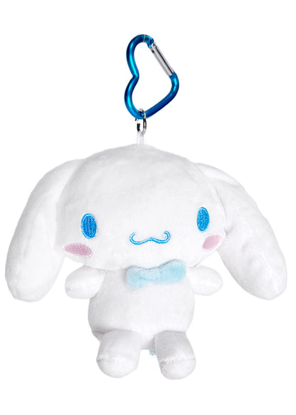 Sanrio Cinnamoroll Plush Mascot Carabiner Pouch in white with 3D Cinnamoroll plush on carabiner pouch festival accessory — front view