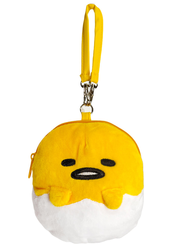 Sanrio Gudetama Die Cut Mini Plush Pouch in yellow white with full-front Gudetama die-cut plush wristlet — front view