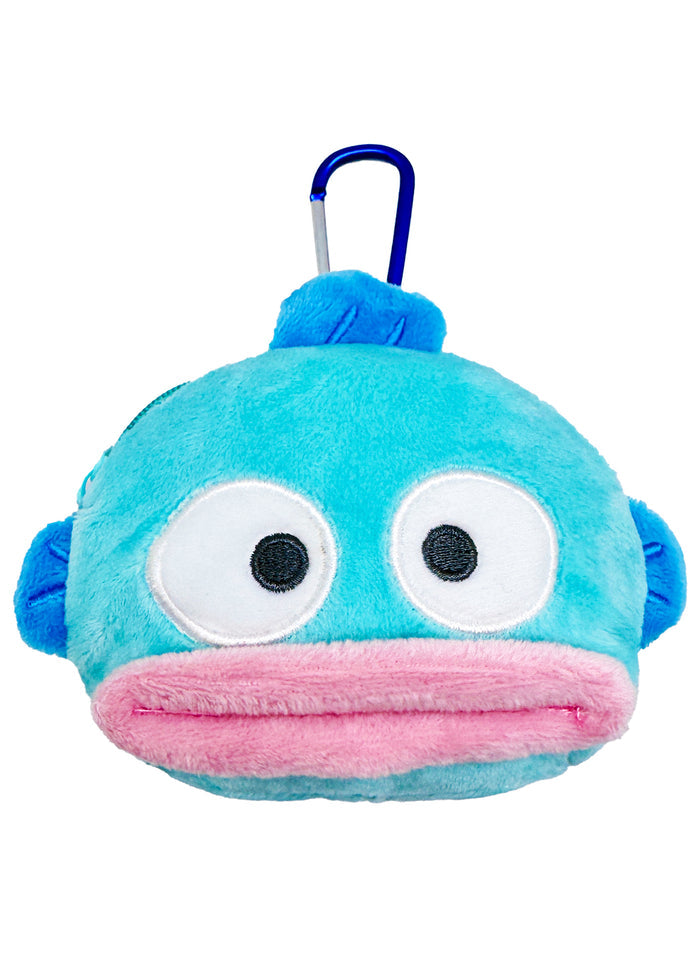 Sanrio Hangyodon Big Face Plush Mascot Carabiner in blue with soft Hangyodon face plush and functional carabiner clip — front view