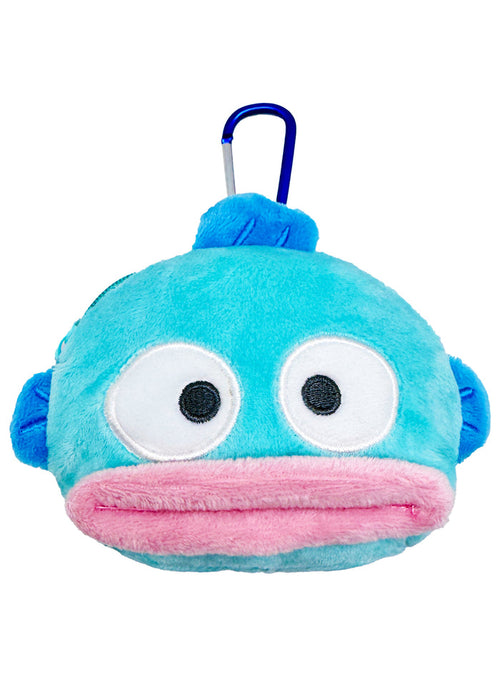 Sanrio Hangyodon Big Face Plush Mascot Carabiner in blue with soft Hangyodon face plush and functional carabiner clip — front view