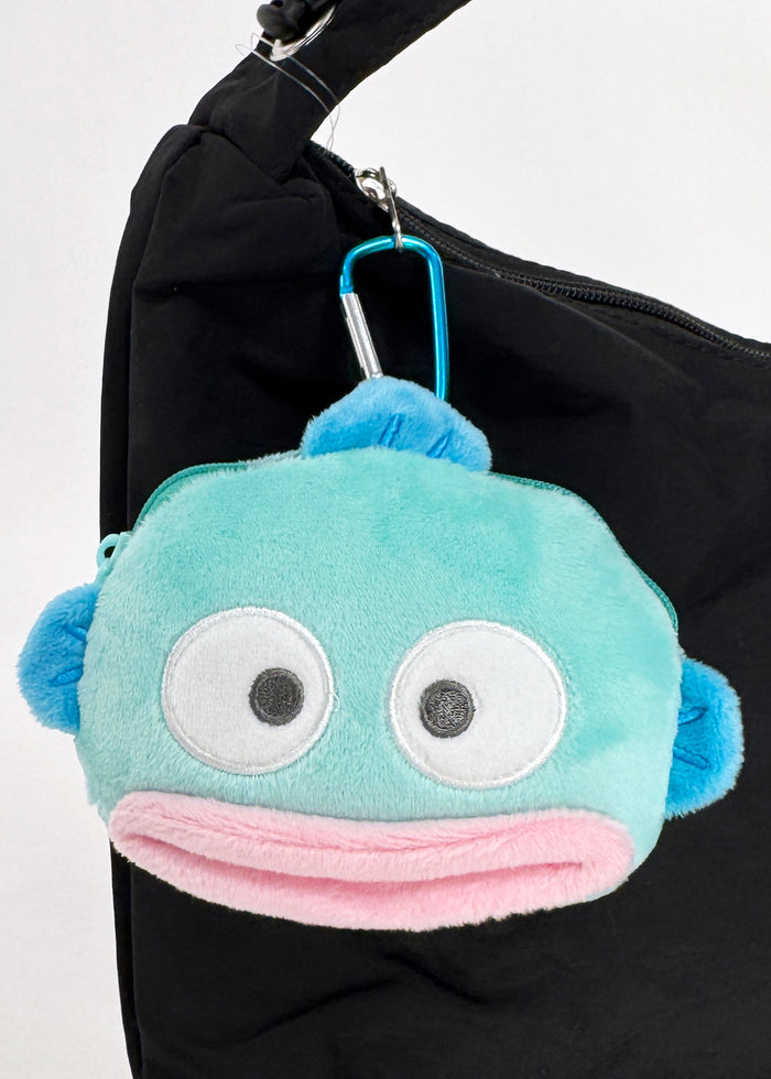 Sanrio Hangyodon Big Face Plush Mascot Carabiner in blue with soft Hangyodon face plush and functional carabiner clip — detail view